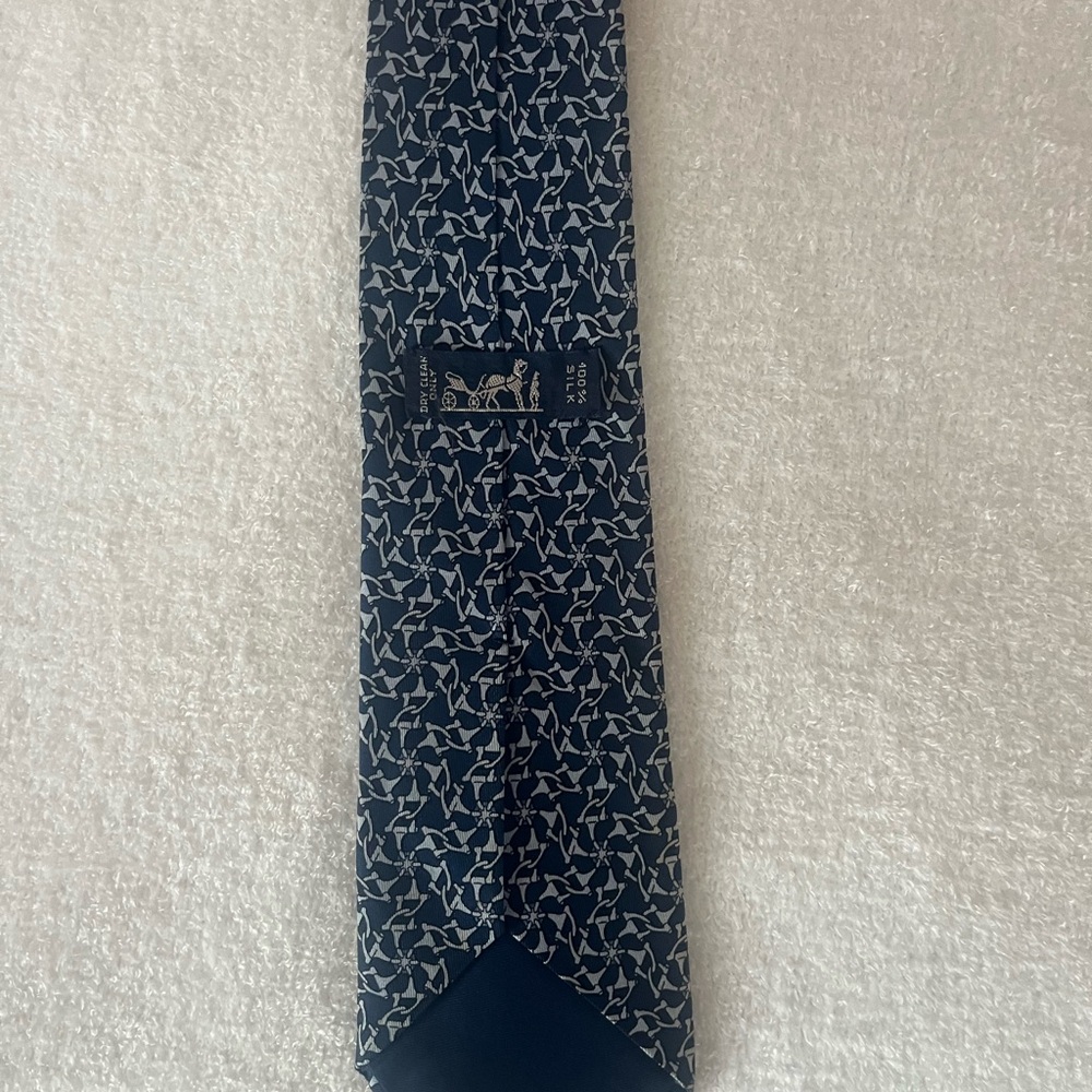 Hermes Navy and White Geometric Silk Tie